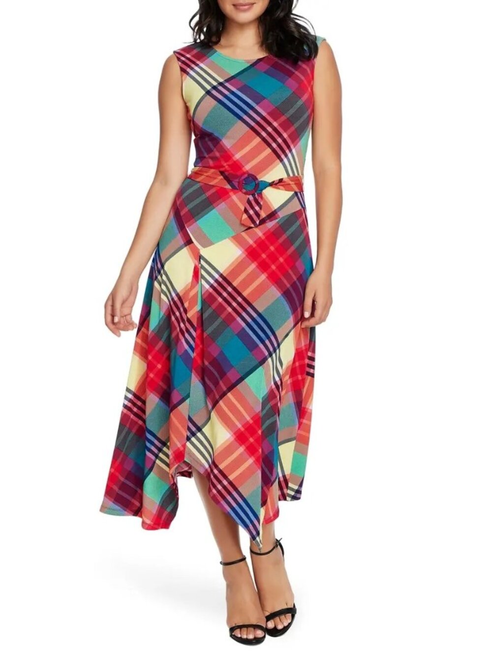 Chaus Stretch Plaid Asymmetrical Belted Midi Sleeveless Dress Red Size Large NEW
